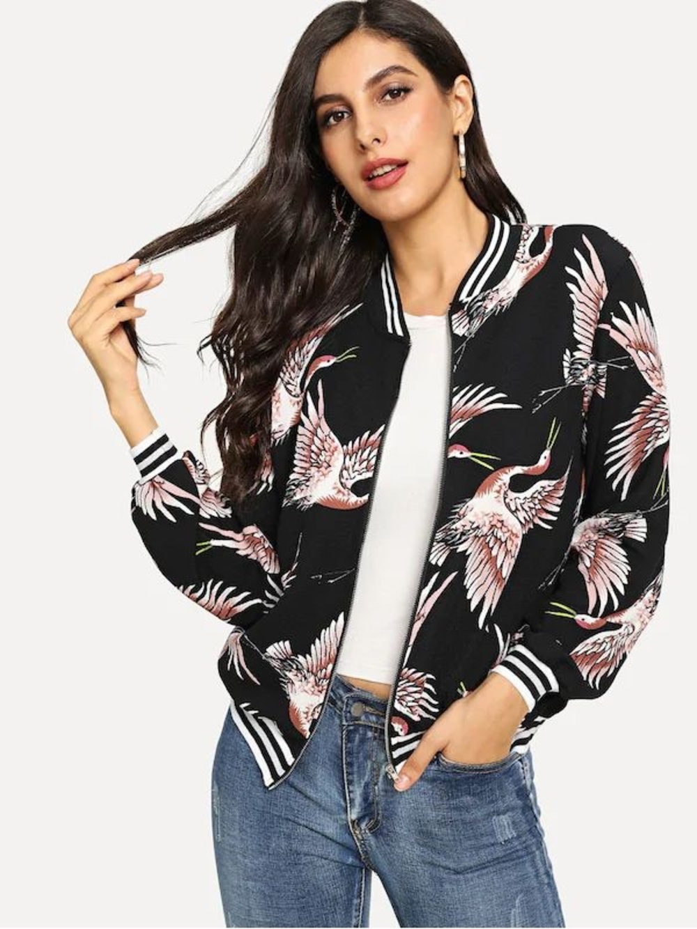 Black Crane-Print Bomber Jacket - Women's Lightweight Zip Jacket.